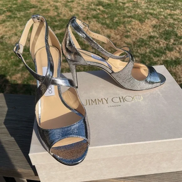 Jimmy Choo Emily 85 Metallic Silver Lizard Print Heels |  37.5 | Like New w/ Box - Picture 2 of 10